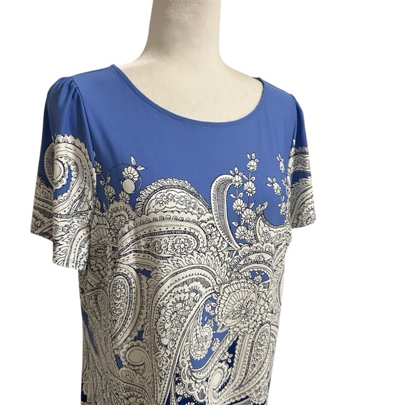 Talbots Effortless Jersey Shift Paisley Blue and White Midi Dress Size 1XP - Picture 7 of 10
